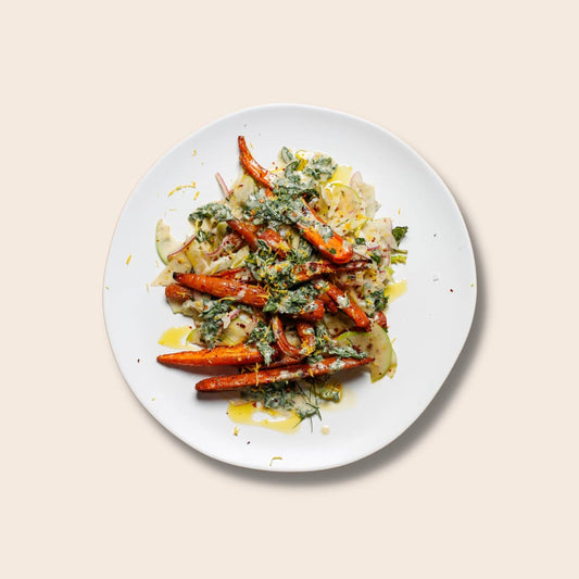 Chili Roast Carrots With Apple, Fennel and Herbed Tahini